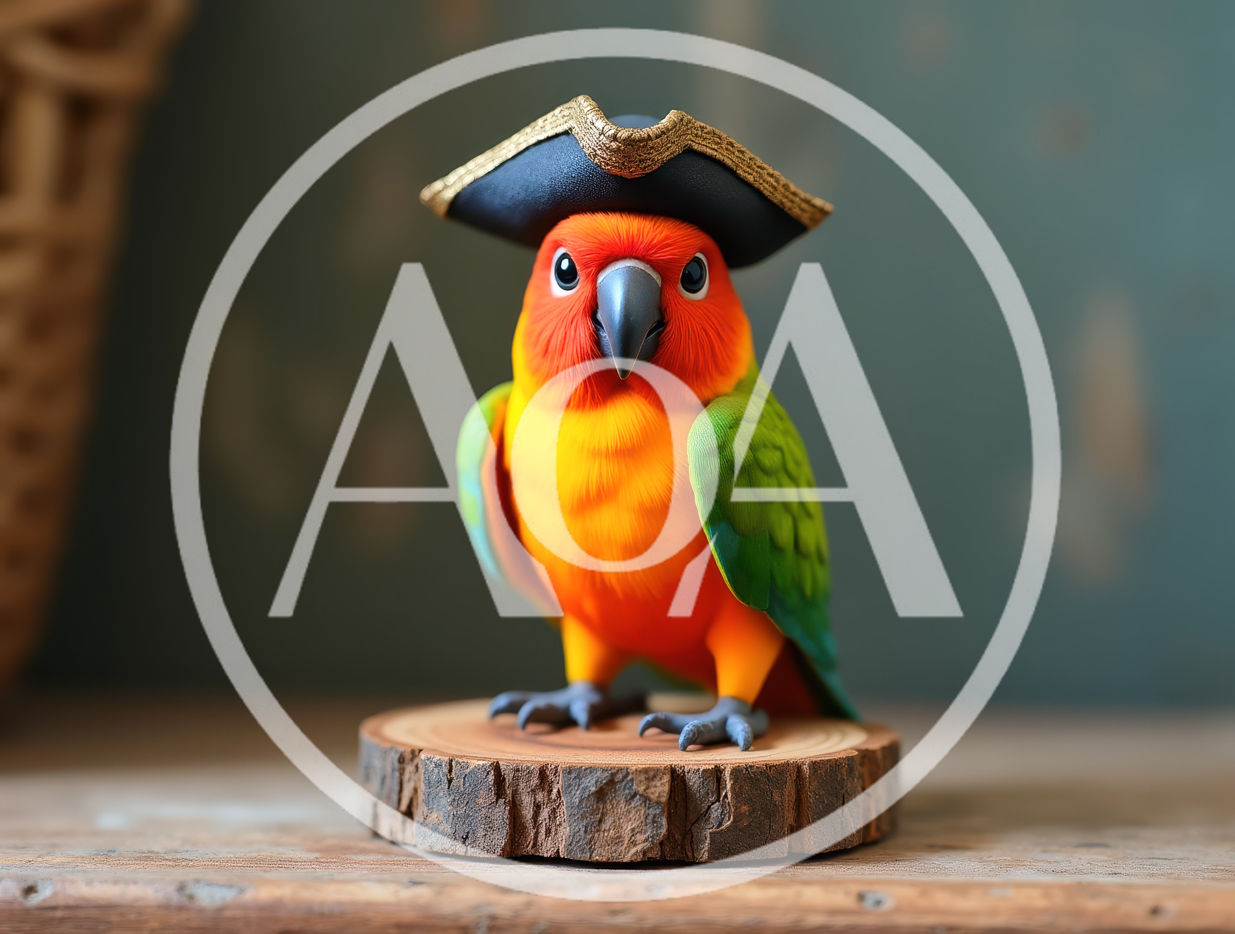 Sun Conure Parrot Wearing A Pirate Hat