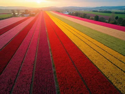 Aerial View Of Vibrant Tulip Fields At Sunset