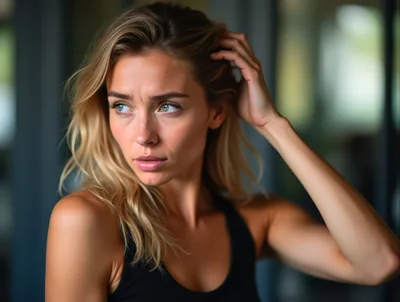 Portrait Of A Young Woman Touching Her Blonde Hair