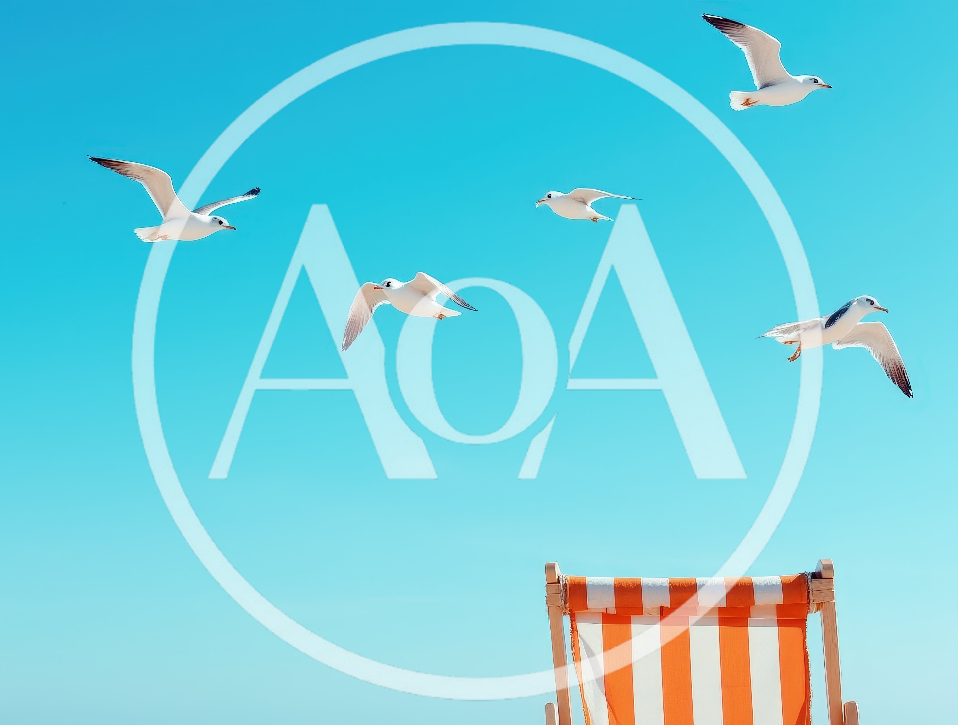 Seagulls Flying Over A Striped Beach Chair