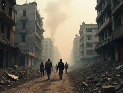 Group Of People Walking Through A War Torn City
