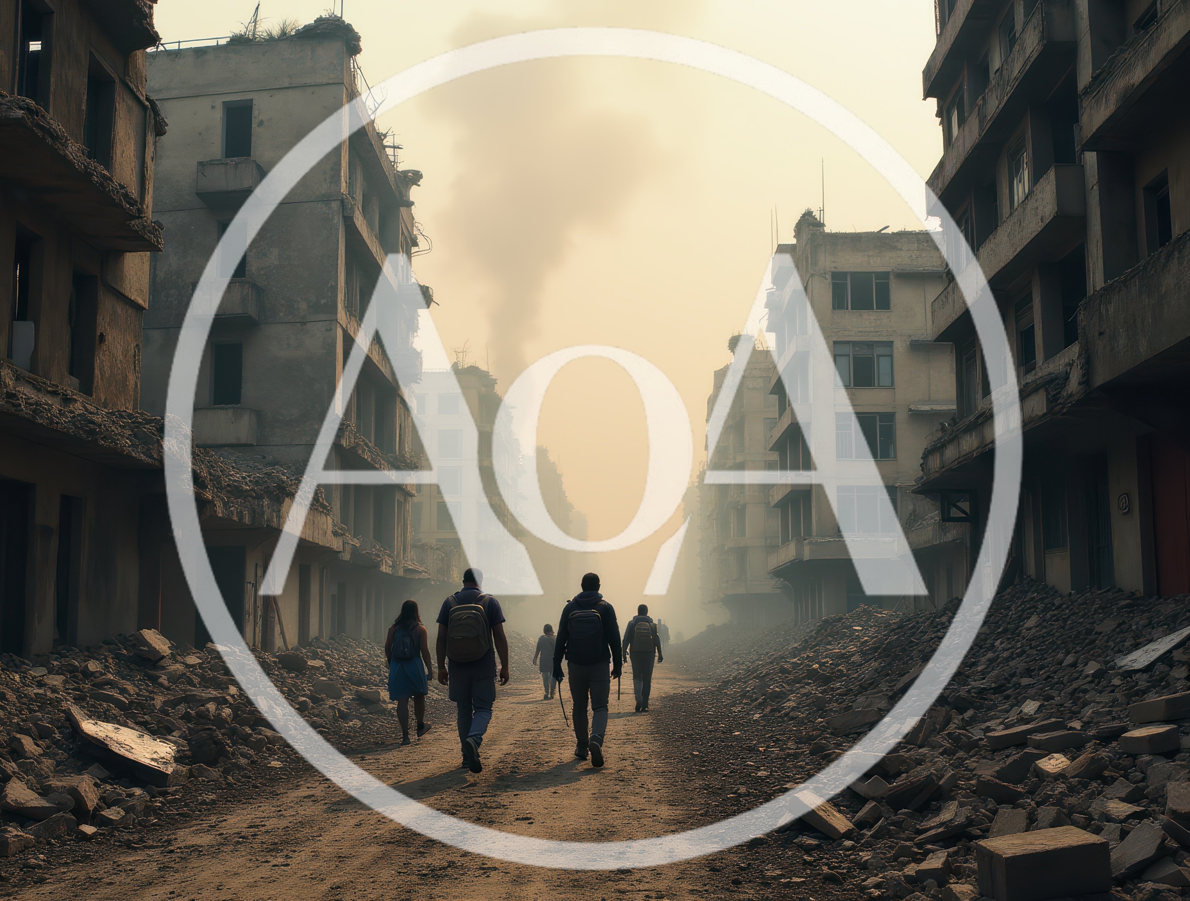 Group Of People Walking Through A War Torn City