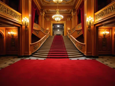 Grand Staircase With Red Carpet In Opulent Hall