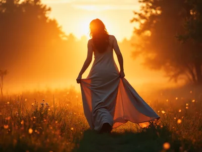 Woman Walking Through Golden Meadow At Sunset