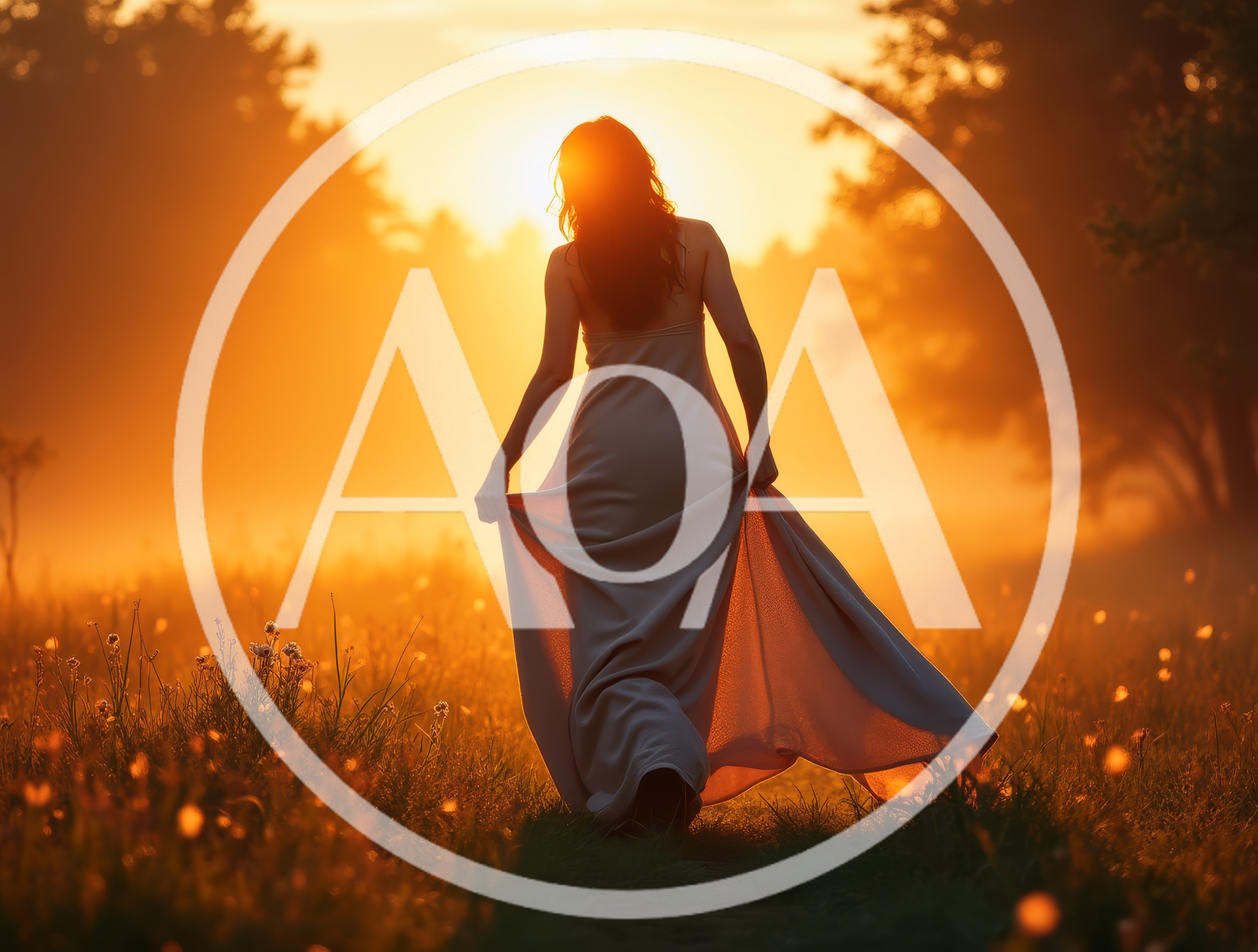 Woman Walking Through Golden Meadow At Sunset