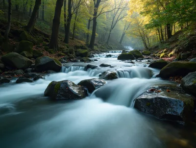 Long Exposure Stream Flowing Through A Mossy Forest