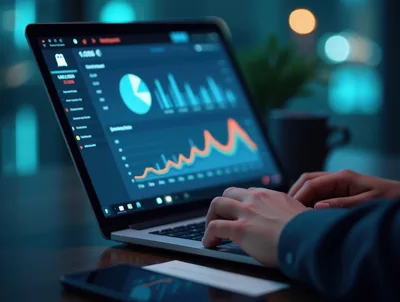 Professional Analyzing Financial Data On Laptop At Night