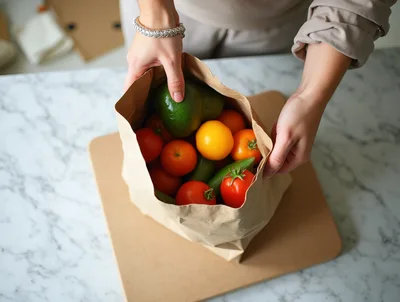 Person Unpacking Fresh Vegetables From Paper Grocery Bag