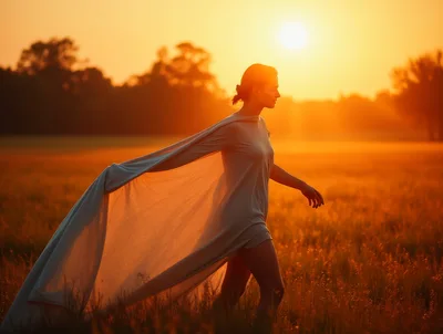 Woman Walking Through Golden Field At Sunset