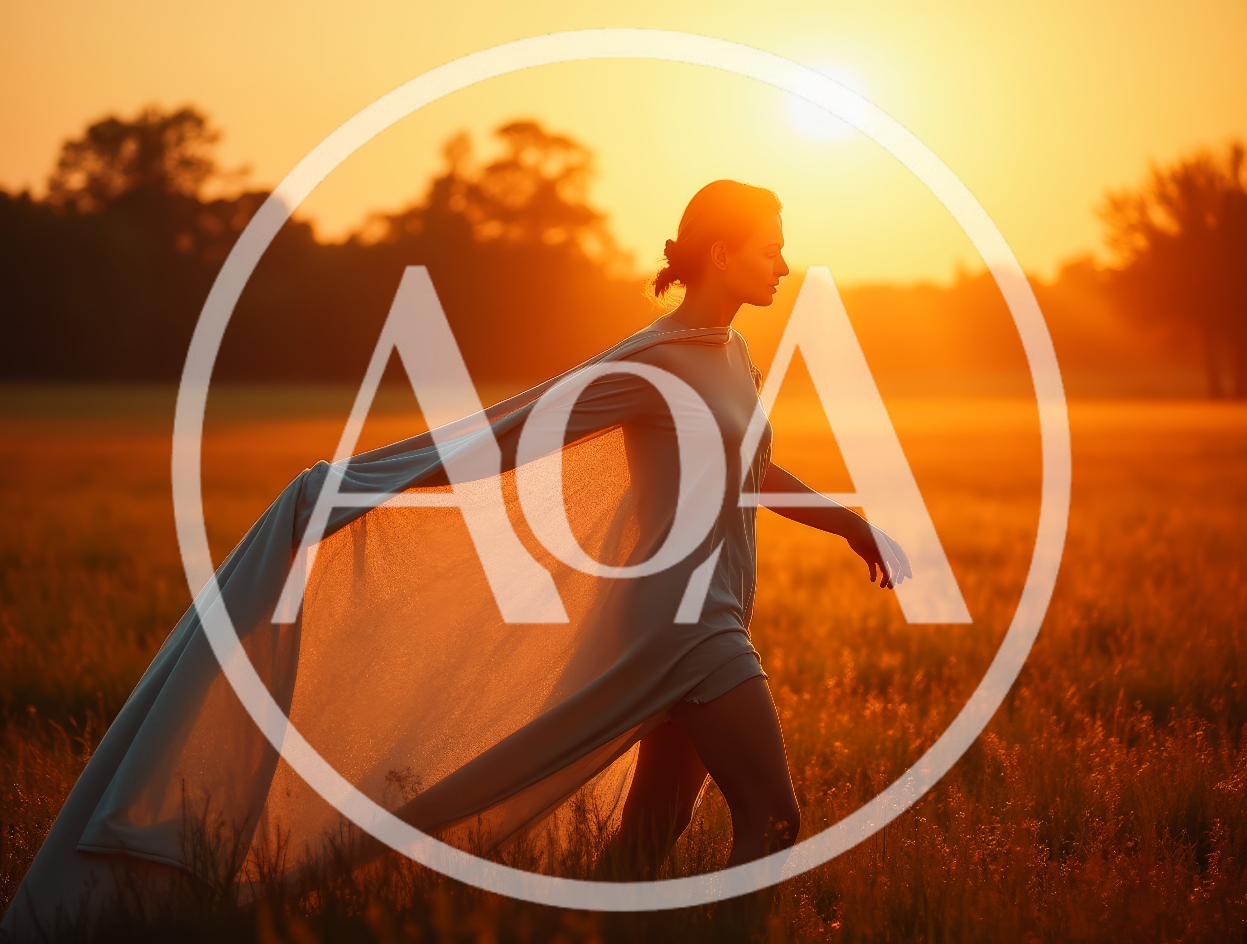 Woman Walking Through Golden Field At Sunset