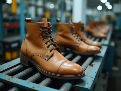 Brown Leather Boots On A Factory Conveyor Belt