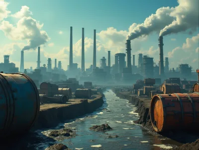 Industrial Landscape With Polluted River And Storage Tanks