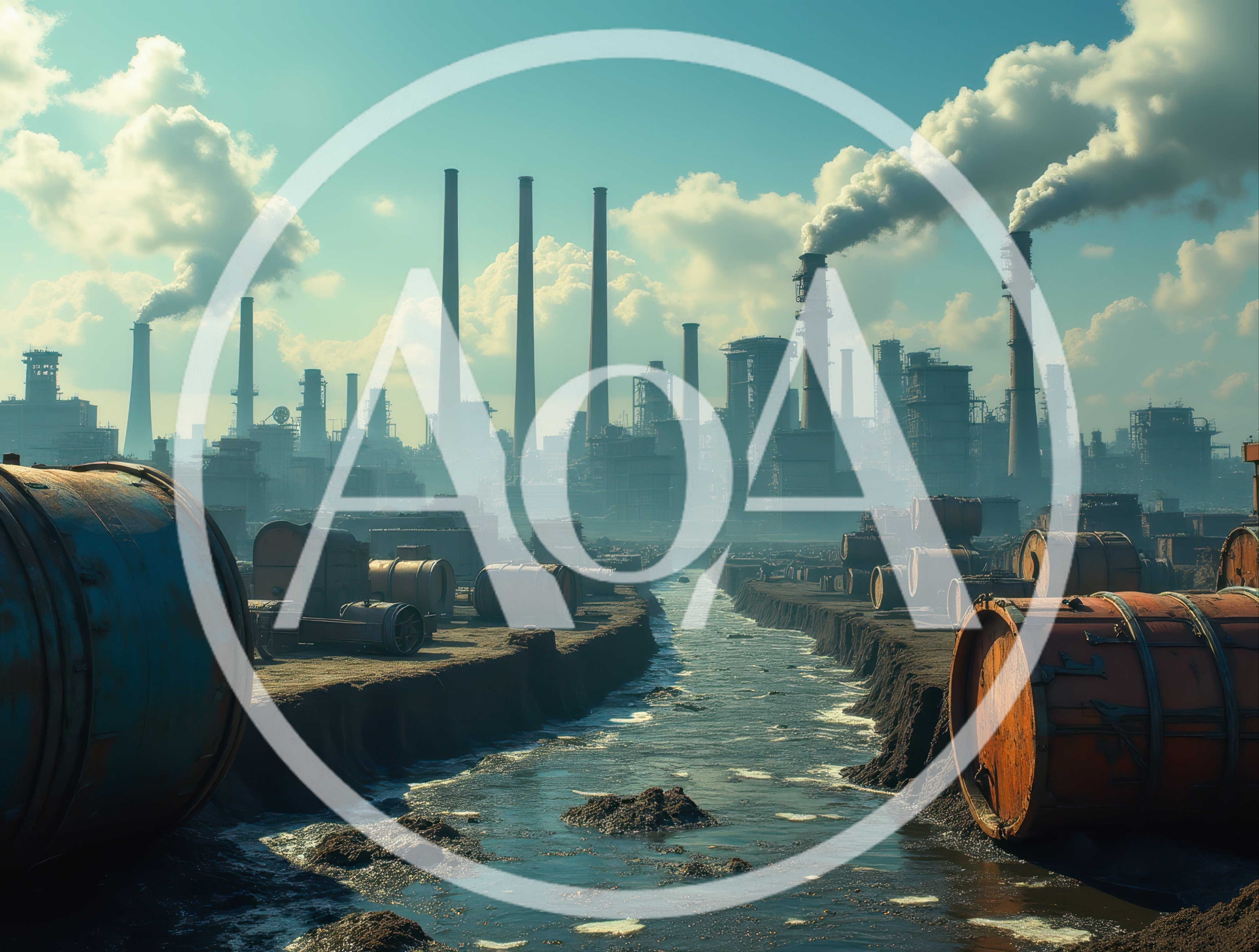 Industrial Landscape With Polluted River And Storage Tanks