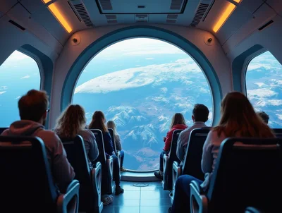 Passengers Viewing Earth From High Altitude Spacecraft Window