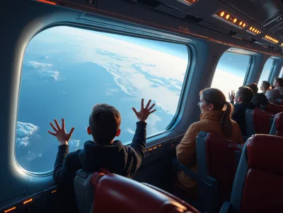 Passengers Looking Out Of A Spacecraft Window