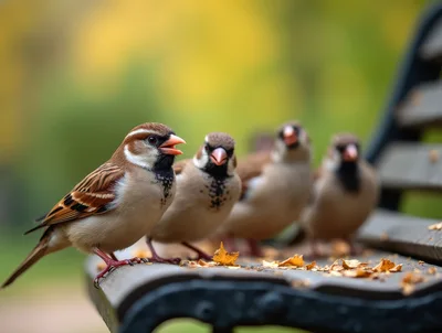 Group of Sparrows Perched on a Park Bench