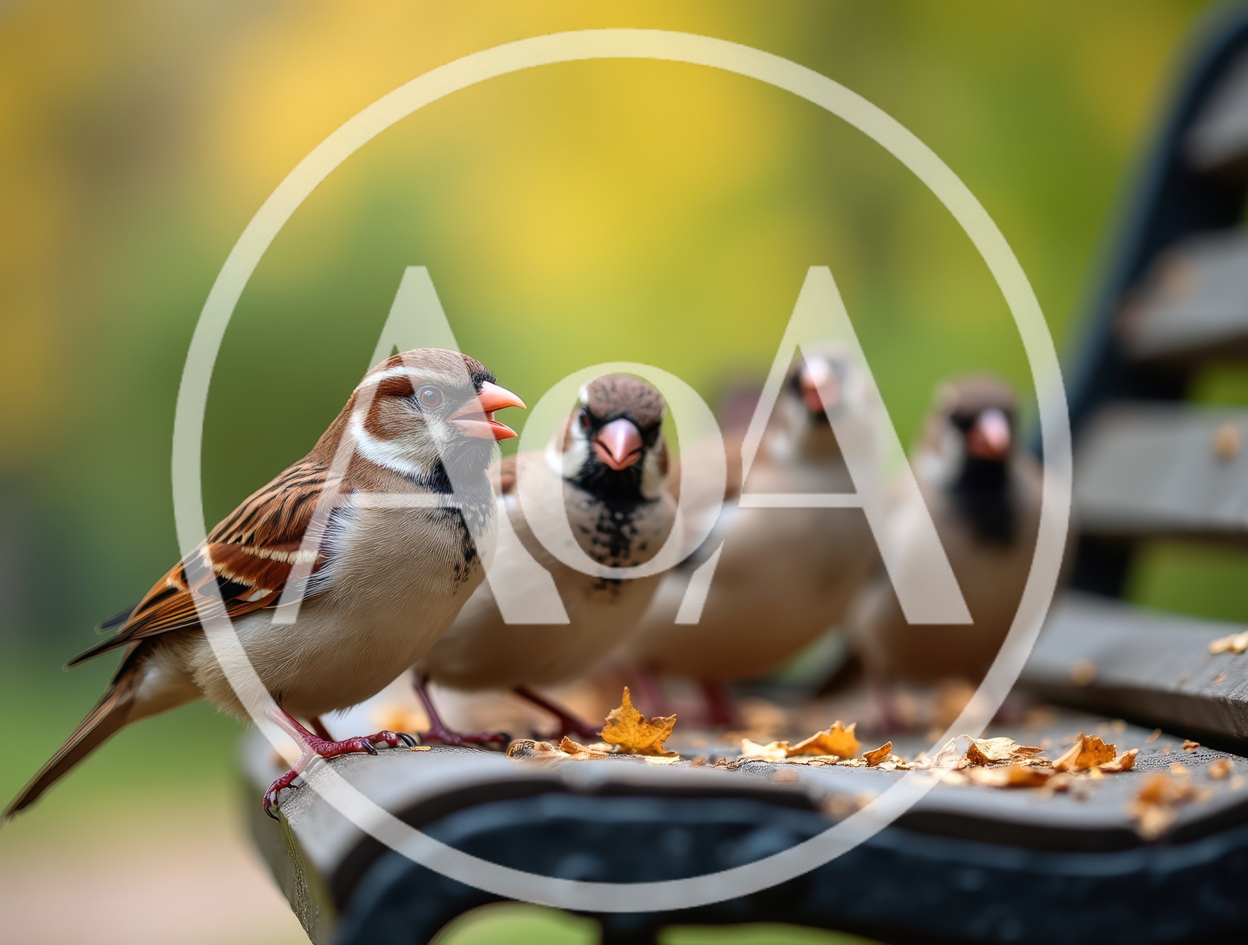 Group of Sparrows Perched on a Park Bench