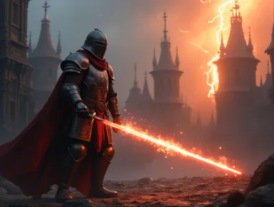 Knight In Armor Holding A Glowing Flaming Sword