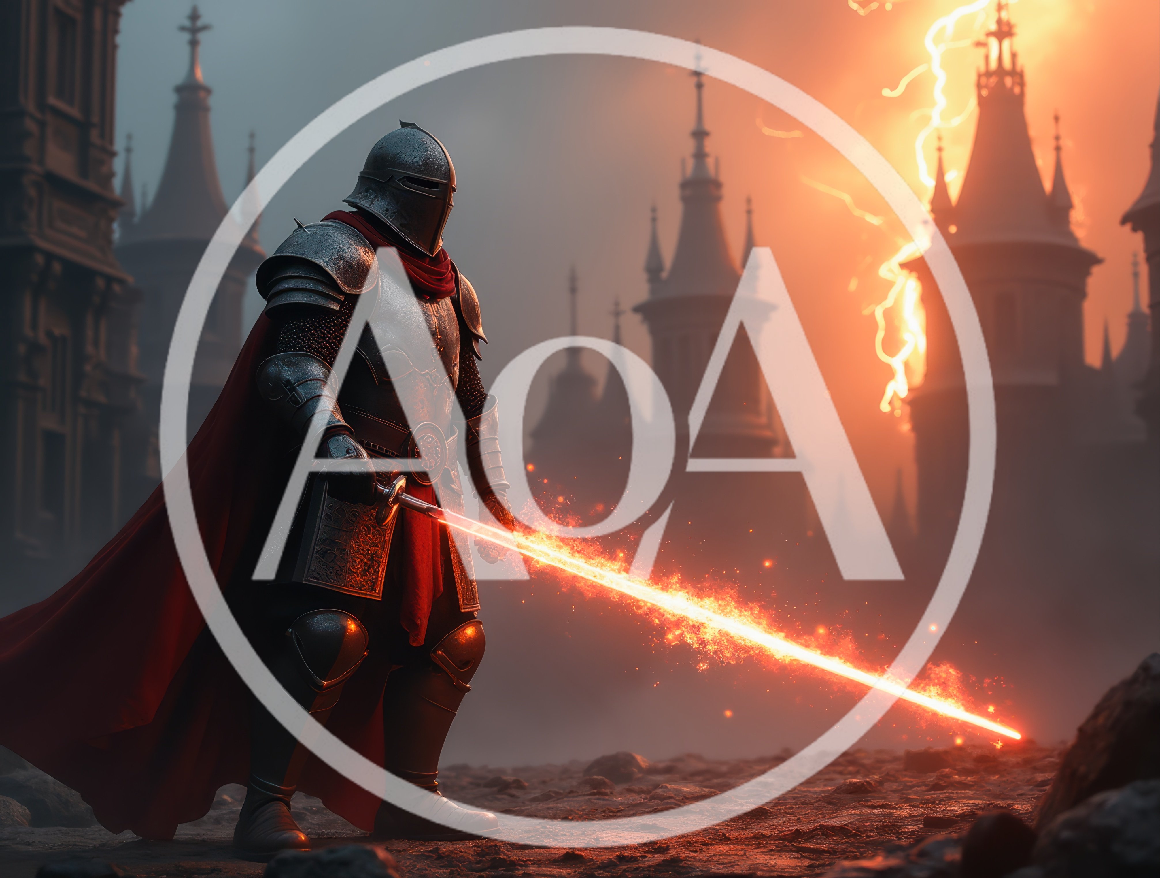 Knight In Armor Holding A Glowing Flaming Sword