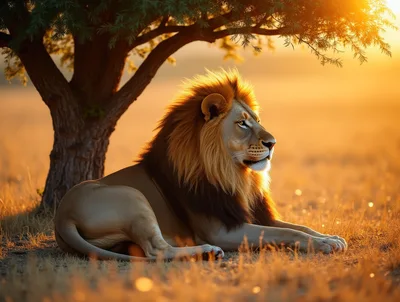 Majestic Male Lion Resting Under A Tree At Sunset