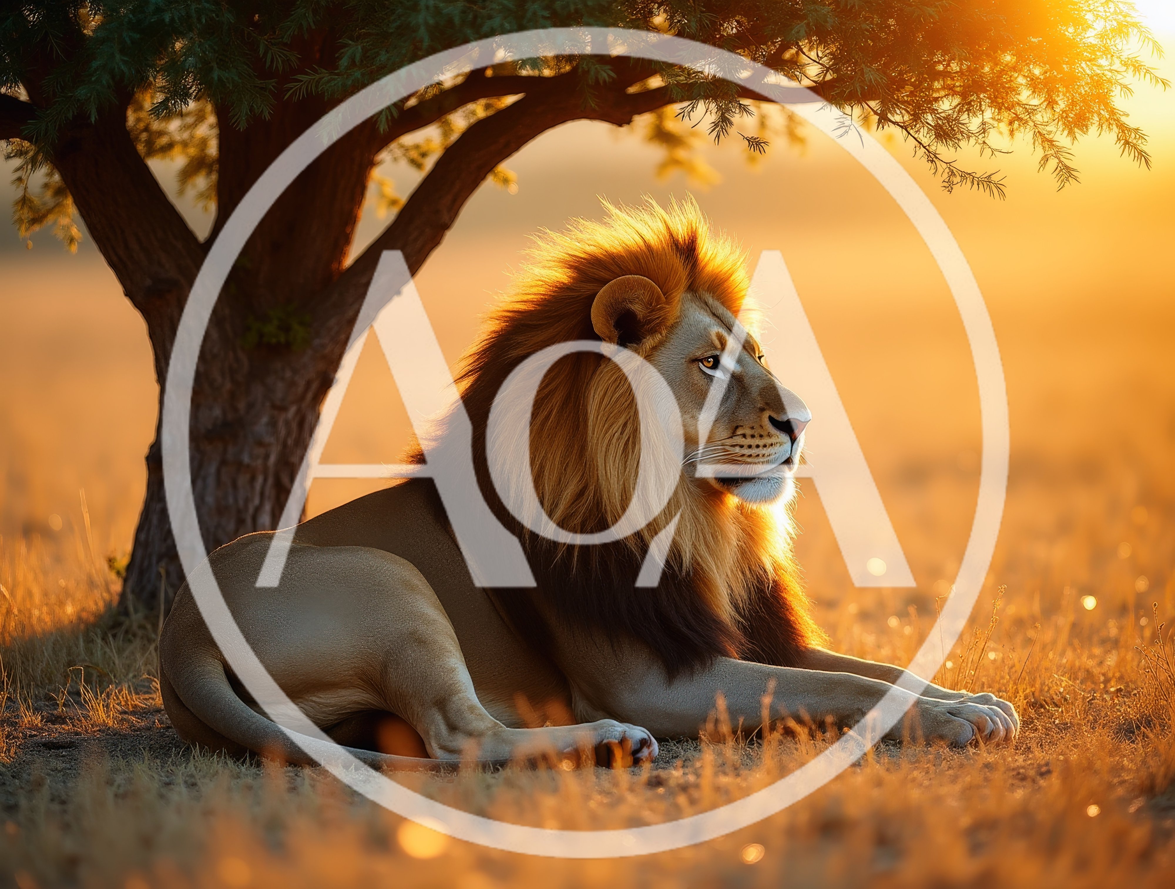 Majestic Male Lion Resting Under A Tree At Sunset