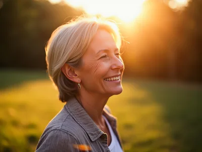 Happy Senior Woman Smiling Outdoors During Golden Hour