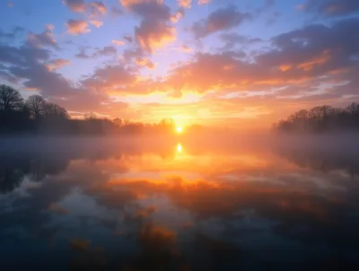 Golden Sunrise Over A Misty Lake