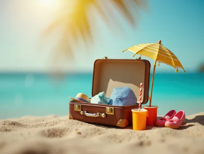 Vintage Suitcase Packed For A Sunny Beach Vacation