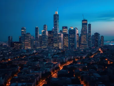 Aerial View Of Modern City Skyline At Twilight