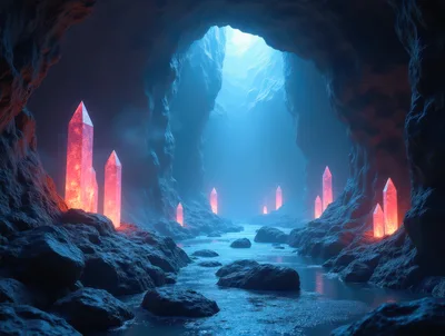 Glowing Red Crystals Inside A Mystical Blue Cave