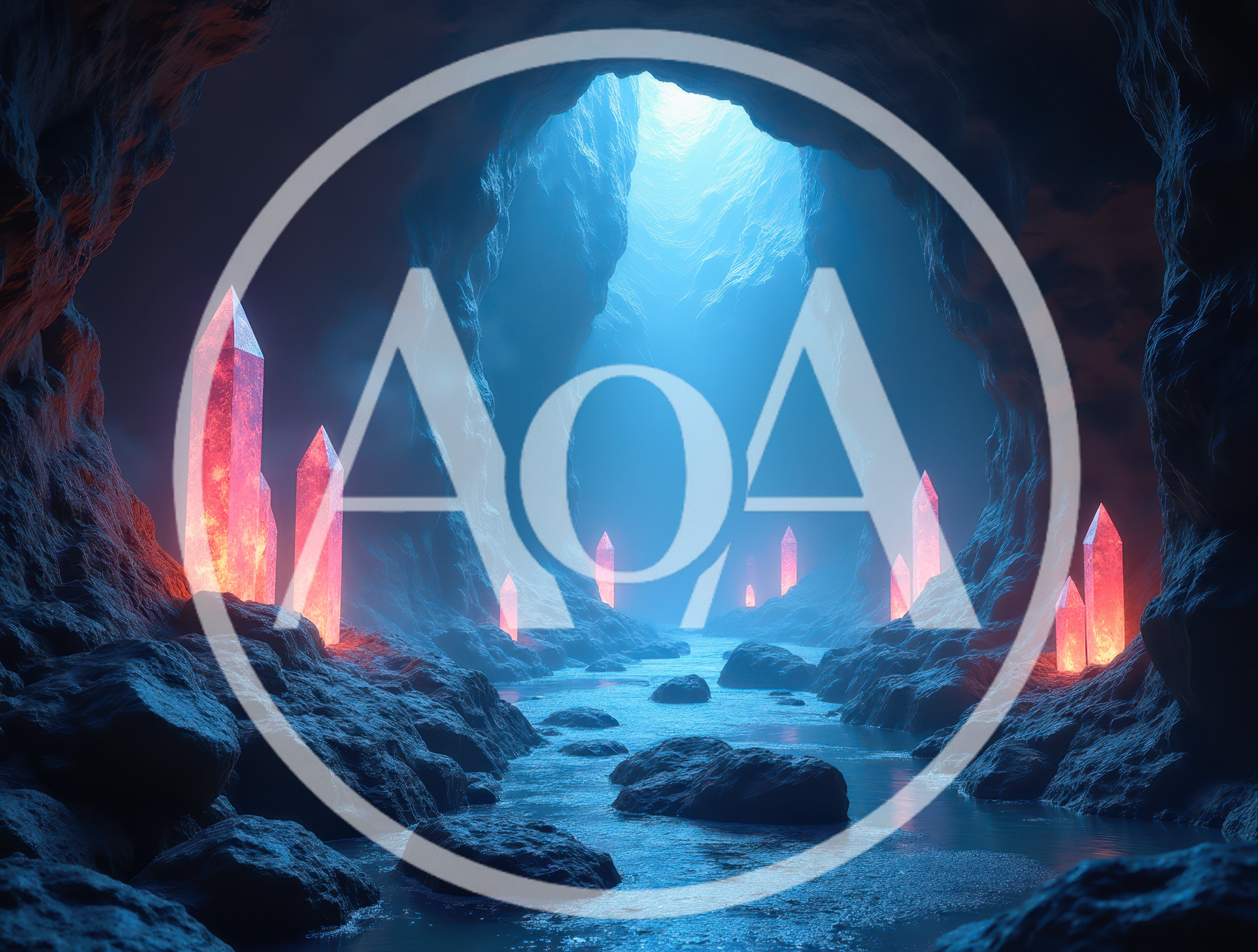 Glowing Red Crystals Inside A Mystical Blue Cave