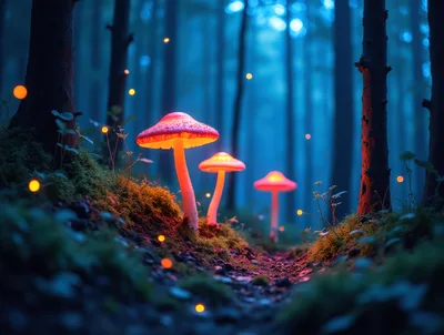 Glowing Bioluminescent Mushrooms in a Dark Enchanted Forest