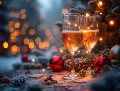 Two Champagne Glasses With Christmas Decorations