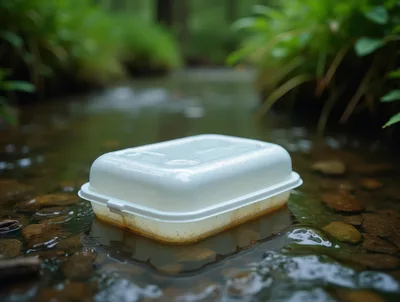 Styrofoam Food Container Polluting A Forest Stream