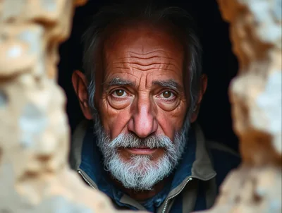 Portrait Of An Elderly Man Looking Through A Hole