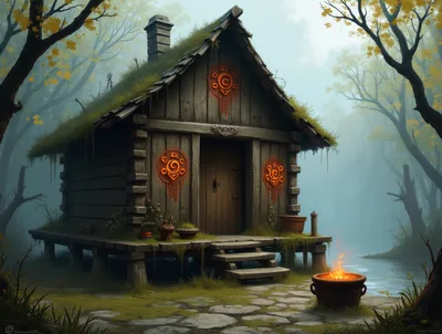 Mystical Wooden Cabin With Glowing Symbols In Misty Forest