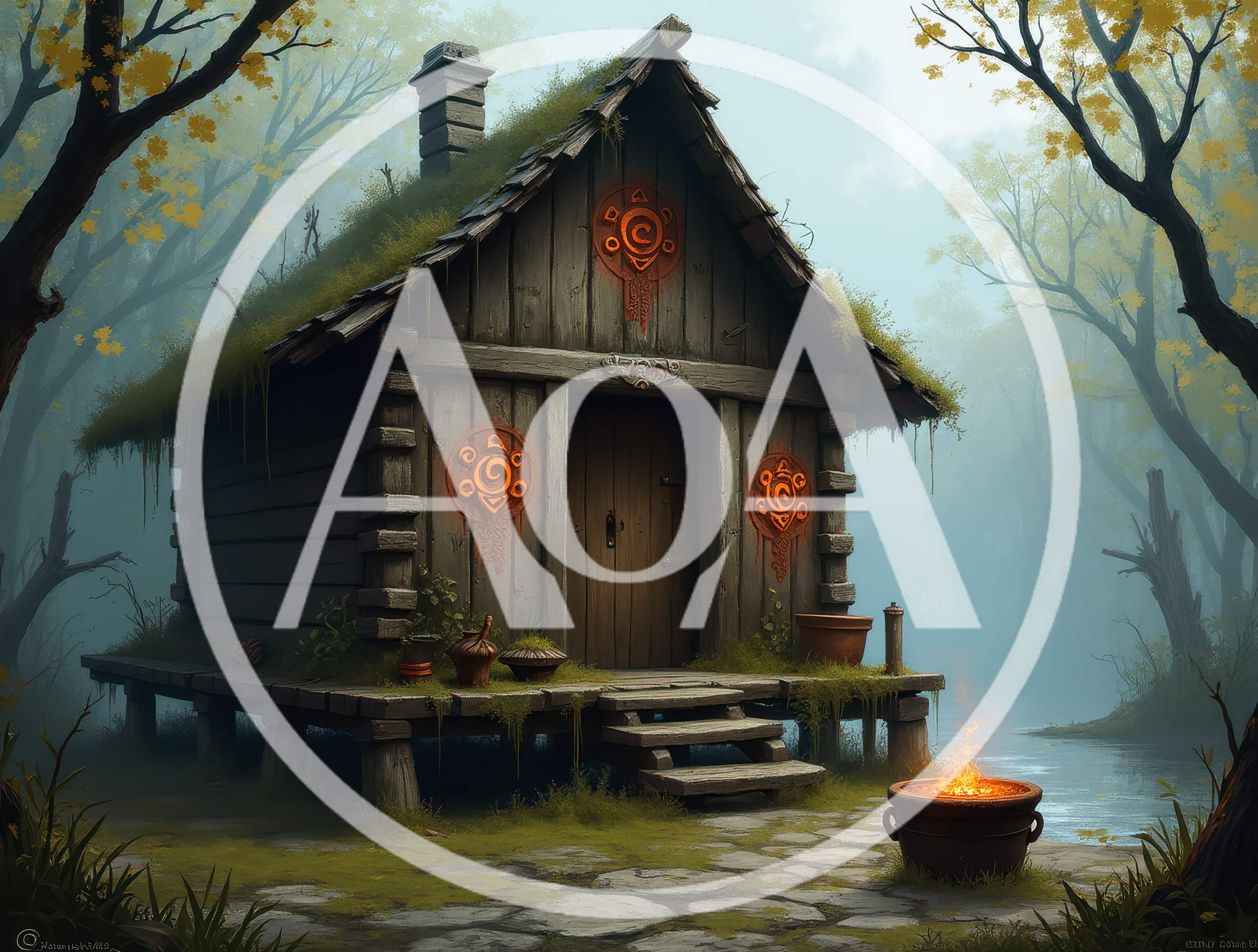 Mystical Wooden Cabin With Glowing Symbols In Misty Forest