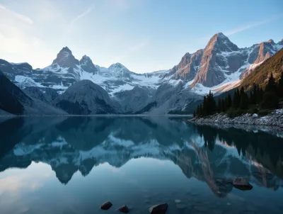 Stunning Reflection Of Snowy Mountains In Calm Alpine Lake