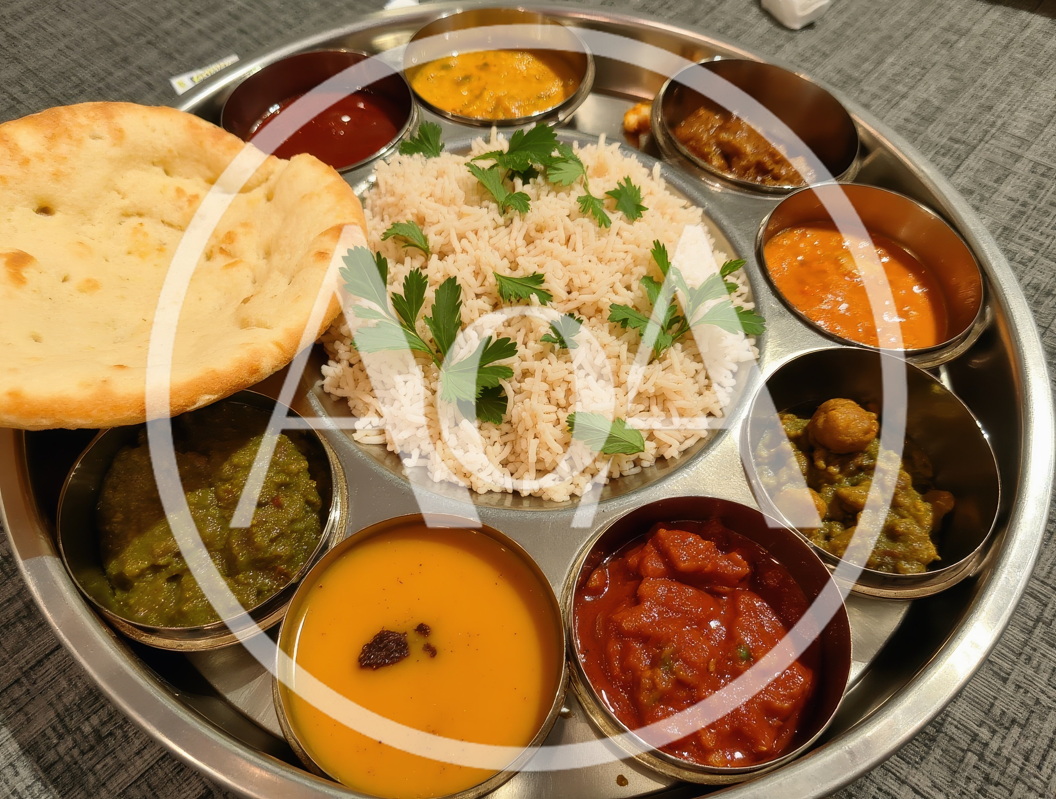 Traditional Indian Thali Platter With Rice And Naan