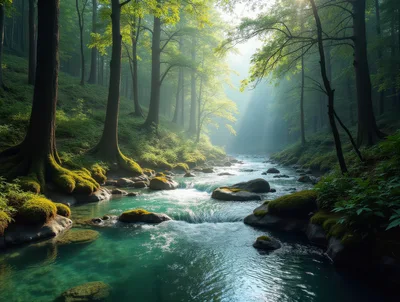 Sunlit Forest Stream Flowing Through Mossy Rocks