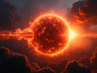 Fiery Celestial Sphere Emitting Energy Beams Amidst Dark Clouds