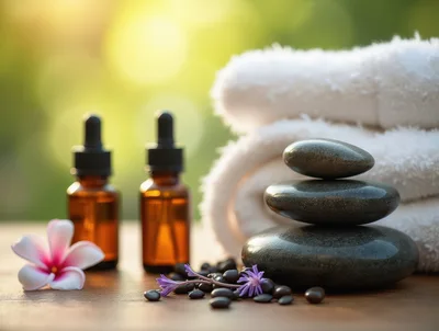 Spa Treatment Setup with Stones and Essential Oils