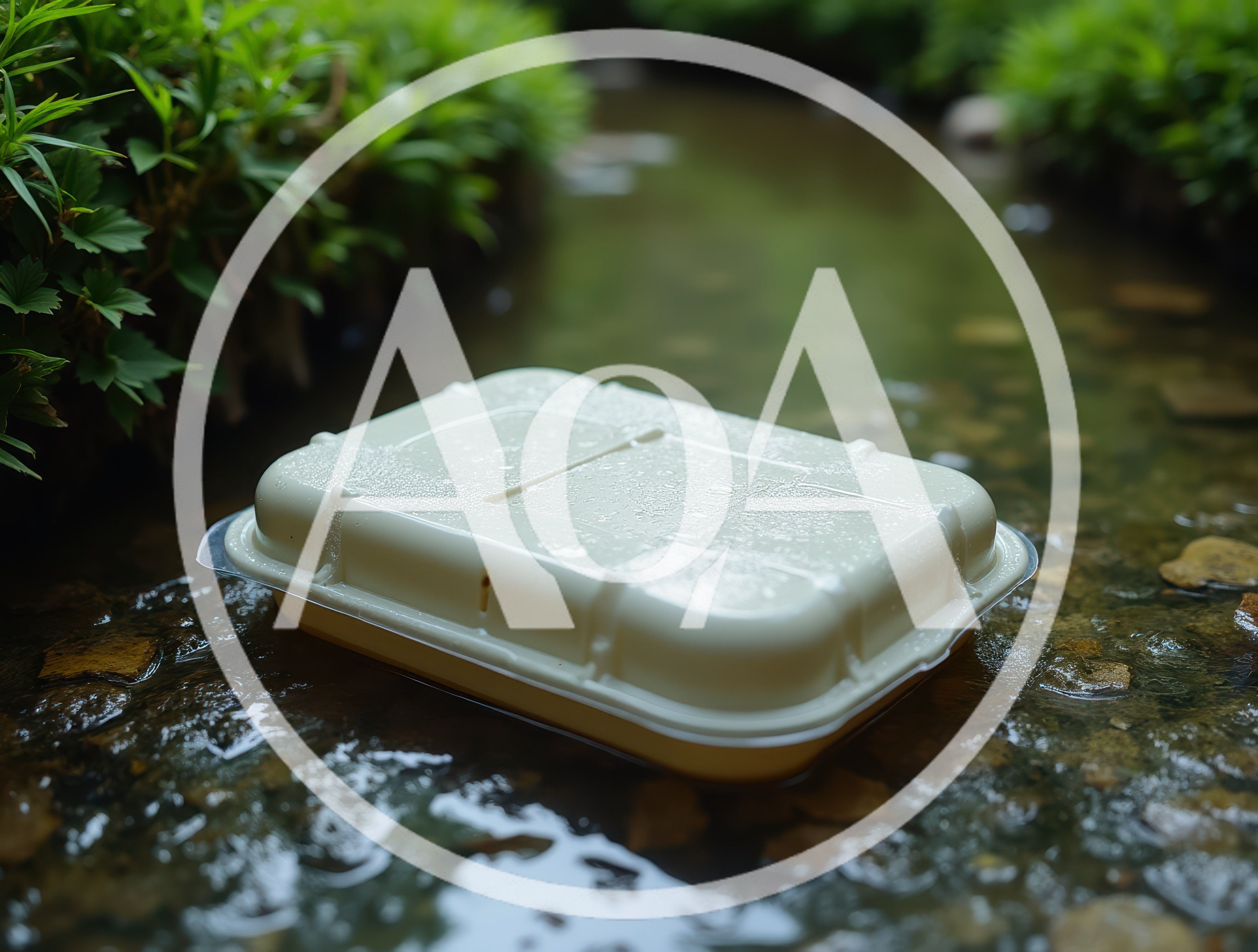 Plastic Food Container Floating In A Shallow Stream