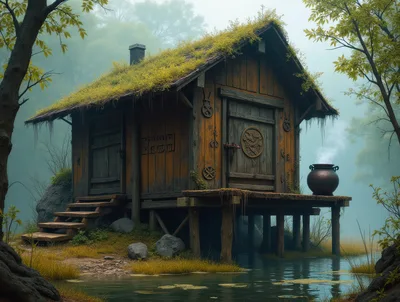 Mystical Wooden Cabin In A Foggy Forest