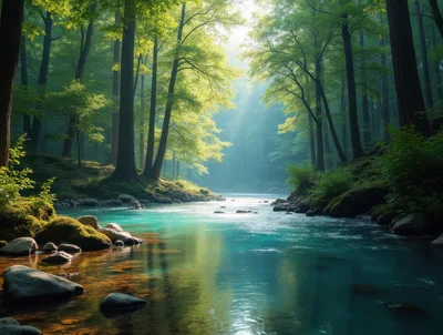 Sunlit River Flowing Through A Lush Green Forest