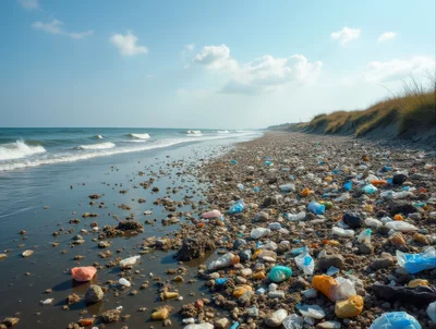 Plastic Pollution Littering A Rocky Coastal Beach
