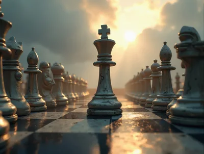 Silver Chess King Standing On A Checkered Board