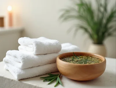 Spa Treatment Setup With Towels And Herbal Water