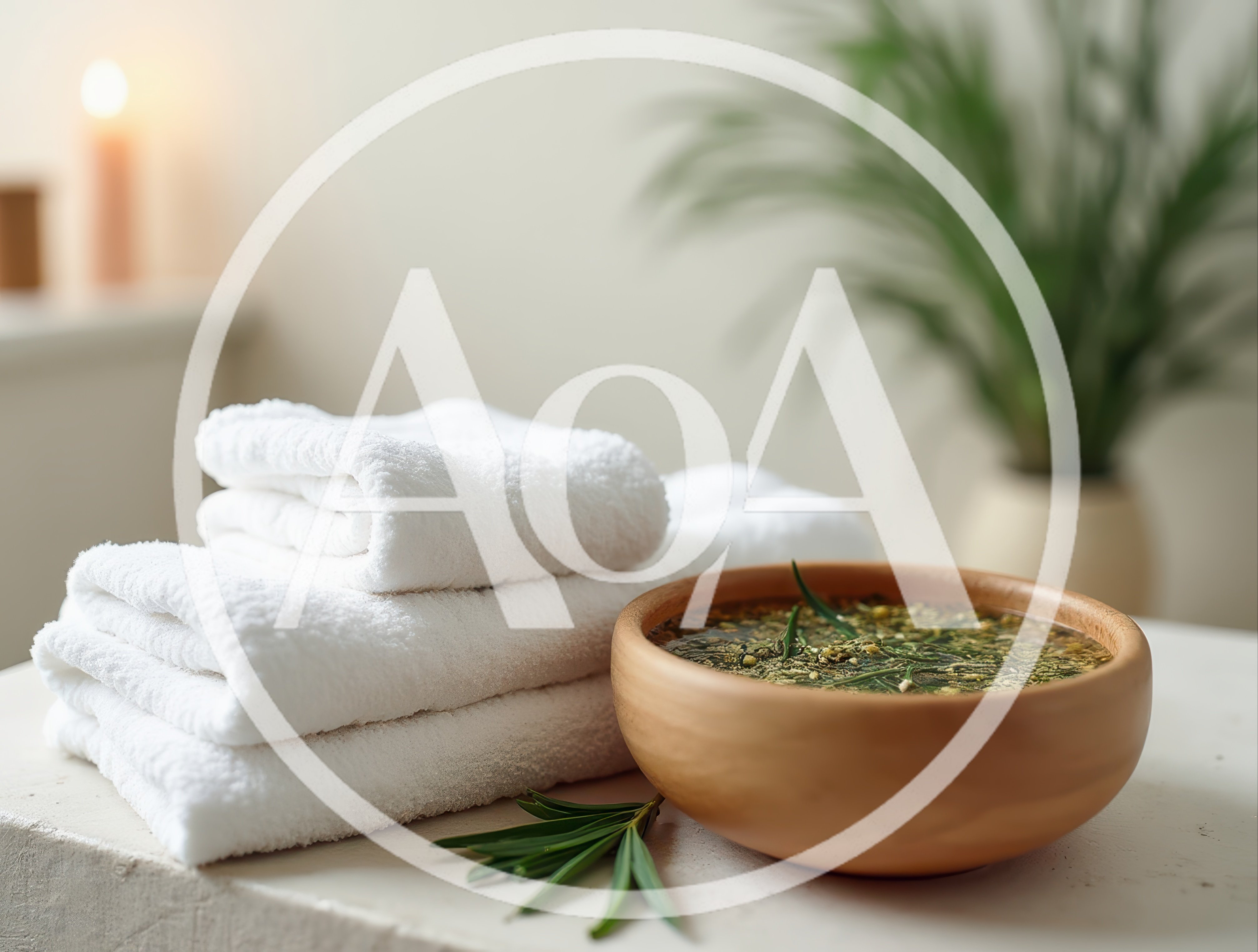Spa Treatment Setup With Towels And Herbal Water
