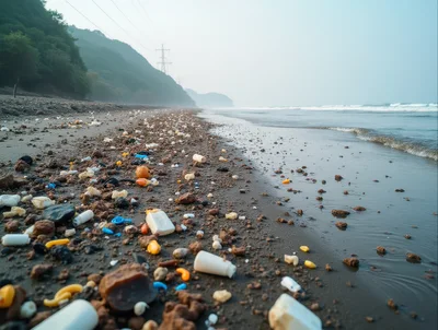 Plastic Pollution Littering A Remote Sandy Beach